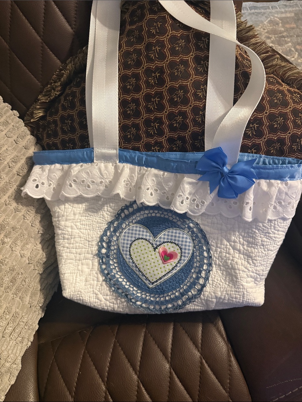 White Quilted Tote with Blue Trim and Heart Appliqué
